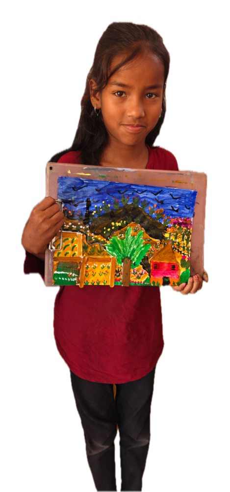 A girl holding up the painting she made in art and craft class